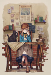 Rule 34 | 1girl, 778-go, black cat, book, brick wall, brown footwear, brown hair, cat, chair, cover image, crack, cracked wall, cropped jacket, crossed legs, dress, fake facial hair, fake mustache, flying paper, green eyes, highres, holding, holding magnifying glass, ink bottle, looking through magnifying glass, magnifying glass, monica everett, nero (silent witch), newspaper, official art, paper, paper stack, photo (object), plant, potted plant, quill, ribbon, shelf, shoes, sidelocks, silent witch, sitting, solo, table, wooden chair, wooden table