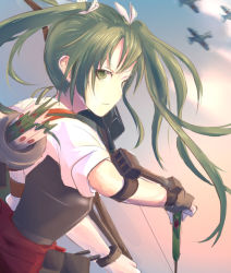 Rule 34 | 10s, 1girl, a6m zero, aircraft, airplane, antiqq, arrow (projectile), bow (weapon), cloud, expressionless, gradient background, green eyes, green hair, hair ribbon, holding, kantai collection, long hair, looking at viewer, matching hair/eyes, muneate, outdoors, quiver, ribbon, short sleeves, sketch, sky, solo, twintails, upper body, weapon, zuikaku (kancolle)