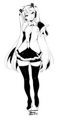 Rule 34 | 1girl, bare shoulders, breasts, detached sleeves, ejami, foreshortening, greyscale, hair ornament, hatsune miku, highres, long hair, looking at viewer, monochrome, necktie, reaching, reaching towards viewer, simple background, skirt, smile, solo, thighhighs, twintails, very long hair, vocaloid, white background