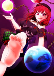 Rule 34 | 0-den, 1girl, absurdres, bare shoulders, barefoot, chain, clothes writing, collar, dutch angle, earth (ornament), feet, foot focus, gradient background, hecatia lapislazuli, highres, looking at viewer, looking down, miniskirt, moon (ornament), multicolored clothes, multicolored skirt, off shoulder, open mouth, red eyes, red hair, shirt, short hair, short sleeves, skirt, smile, soles, solo, t-shirt, toes, touhou