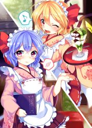Rule 34 | 2girls, :3, alternate costume, bat wings, blonde hair, blue hair, enmaided, fang, flandre scarlet, flotation aid, food, highres, ice cream, japanese clothes, kimono, long sleeves, maid, maid headdress, menu, multiple girls, musical note, one eye closed, open mouth, paragasu (parags112), quaver, red eyes, remilia scarlet, ribbon-trimmed clothes, ribbon trim, siblings, sisters, smile, spoken blush, spoken musical note, spoon, sundae, touhou, tray, wa maid, wafer stick, wide sleeves, wings