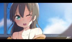 Rule 34 | 1girl, ahoge, bare shoulders, black hair, blurry, blurry background, blush, collarbone, commentary request, depth of field, green eyes, hair between eyes, highres, hololive, letterboxed, long hair, natsuiro matsuri, off shoulder, okota mikan, one eye closed, open mouth, signature, solo, teeth, upper body, upper teeth only, virtual youtuber