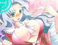 Rule 34 | 1girl, bad id, bad pixiv id, between breasts, blush, bow, breasts, bursting breasts, cleavage, cosplay, dress, eucrid, female focus, frills, green eyes, houraisan kaguya, houraisan kaguya (cosplay), large breasts, long hair, open mouth, silver hair, solo, touhou, undersized clothes, upper body, yagokoro eirin