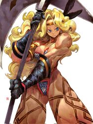 Rule 34 | 1girl, amazon (dragon&#039;s crown), andrewcockroach, armlet, armor, bikini, bikini armor, blonde hair, blue eyes, breasts, circlet, cleavage, dragon&#039;s crown, feather hair ornament, feathers, gloves, gluteal fold, hair ornament, halberd, highres, holding, holding polearm, holding weapon, large breasts, leg tattoo, looking to the side, muscular, muscular female, polearm, simple background, solo, swimsuit, tattoo, thick thighs, thighs, thong bikini, wavy hair, weapon