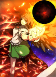 Rule 34 | 1girl, bird wings, bow, brown hair, cape, chaigidhiell, energy ball, female focus, hair bow, highres, looking at viewer, looking back, orange eyes, outstretched arm, outstretched hand, puffy sleeves, reiuji utsuho, shirt, short sleeves, skirt, smirk, solo, space, standing, standing on one leg, third eye, touhou, wings