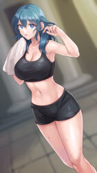 Rule 34 | 1girl, absurdres, bare shoulders, black shorts, blue eyes, blue hair, blurry, blurry background, breasts, byleth (female) (fire emblem), byleth (fire emblem), cleavage, commentary request, crop top, feet out of frame, fire emblem, fire emblem: three houses, hands up, hazuki (nyorosuke), highres, large breasts, long hair, looking at viewer, midriff, navel, nintendo, parted lips, short shorts, shorts, solo, sports bra, standing, stomach, thighs, towel