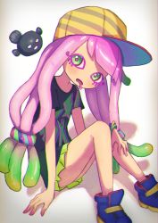 Rule 34 | 1girl, absurdres, baseball cap, black shirt, blonde hair, bracelet, chromatic aberration, clownfish, colored eyelashes, colored skin, drooling, eyelashes, fish, frown, gradient hair, green eyes, green hair, hand on own leg, harmony&#039;s clownfish (splatoon), harmony (splatoon), hat, highres, icetea774, jewelry, long hair, low twintails, miniskirt, multicolored clothes, multicolored footwear, multicolored hair, multicolored headwear, nintendo, no nose, open mouth, pink hair, pink pupils, pleated skirt, shadow, shirt, shoes, short sleeves, sitting, skirt, splatoon (series), splatoon 3, striped clothes, striped headwear, tentacle hair, twintails, very long hair