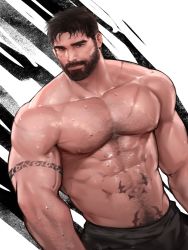 Rule 34 | 1boy, abs, bara, bare pectorals, beard, dopey (dopq), facial hair, highres, large pectorals, looking at viewer, male focus, muscular, muscular male, navel, navel hair, nipples, original, pectorals, short hair, solo, stomach, tattoo, thick thighs, thighs, topless male, wet