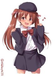 Rule 34 | 1girl, alternate costume, blush, bow, bowtie, brown eyes, brown hair, child, collared shirt, commentary request, cowboy shot, cropped legs, dark-skinned female, dark skin, ebifurya, fang, hair between eyes, hair ornament, hair ribbon, hat, highres, kantai collection, libeccio (kancolle), long hair, long sleeves, looking at viewer, musical note, one-hour drawing challenge, open mouth, red ribbon, ribbon, shirt, simple background, skirt, smile, solo, standing, tan, twintails, twitter username, white background, white ribbon, white shirt