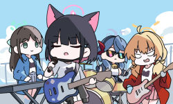 Rule 34 | 4girls, :&gt;, airi (band) (blue archive), airi (blue archive), ako (blue archive), bass guitar, bell, black hair, black jacket, blonde hair, blue archive, blue hair, blue jacket, blue sky, breasts, brown hair, chibi, closed eyes, closed mouth, clothes around waist, cloud, commentary request, drum, drum set, drumsticks, electric guitar, green eyes, grey shirt, grey skirt, guitar, hair over shoulder, halo, holding, holding instrument, holding microphone, instrument, jacket, jacket around waist, kazusa (band) (blue archive), kazusa (blue archive), keyboard (instrument), large breasts, long hair, long sleeves, low twintails, microphone, multiple girls, neck bell, nyaru (nyaru 4126), open clothes, open jacket, open mouth, pink skirt, pleated skirt, puffy long sleeves, puffy sleeves, red jacket, shirt, short sleeves, sideboob, skirt, sky, sunglasses, twintails, very long hair, white shirt, white skirt, yoshimi (band) (blue archive), yoshimi (blue archive)