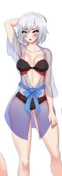 Rule 34 | 1girl, alternate hair length, alternate hairstyle, arm behind head, bikini, black bikini, black bra, blue eyes, blush, bra, breasts, cleavage, collarbone, cropped, highres, lace, lingerie, looking at viewer, medium breasts, navel, one eye closed, rwby, short hair, solo, stomach, swimsuit, tabletknight, thighs, third-party edit, toned, underwear, weiss schnee, white background, white hair, wink