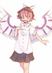 Rule 34 | 1girl, animal ears, bird ears, bird wings, blush, brown hat, brown skirt, buttons, closed eyes, collared shirt, feet out of frame, frilled sleeves, frills, hat, mystia lorelei, open mouth, pink hair, pleated skirt, puffy short sleeves, puffy sleeves, rangycrow, shirt, short hair, short sleeves, simple background, skirt, smile, solo, touhou, white background, white shirt, white wings, winged hat, wings