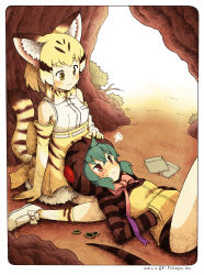 Rule 34 | 10s, 2girls, absurdres, animal ears, bad id, bad pixiv id, bare legs, bare shoulders, blue hair, blush, border, bow, bowtie, cat ears, cat tail, cave, coin, commentary request, elbow gloves, enk 0822, frown, gloves, hand on another&#039;s head, hands in pockets, highres, hood, hoodie, japari coin, kemono friends, lap pillow, multicolored hair, multiple girls, pout, rounded corners, sand cat (kemono friends), short hair, skirt, smile, snake tail, socks, squiggle, tail, tsuchinoko (kemono friends), yuri
