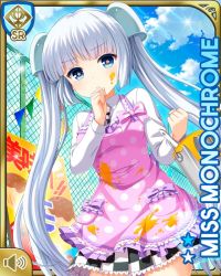 Rule 34 | 1girl, :o, apron, blue eyes, blunt bangs, card, character name, checker pattern, closed mouth, day, girlfriend (kari), jacket, miss monochrome, miss monochrome (character), official art, outdoors, qp:flapper, school uniform, shirt, skirt, solo, tagme, thighhighs, twintails, white footwear, white hair, white shirt