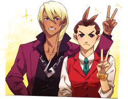 Rule 34 | &gt;:(, 2boys, ace attorney, antenna hair, apollo justice, aqua necktie, black shirt, blonde hair, blue eyes, blush, bracelet, brown eyes, brown hair, button gap, buttons, chain, chain necklace, collared shirt, dark-skinned male, dark skin, drill hair, earrings, forked eyebrows, grin, hair over shoulder, hand on own hip, highres, jacket, jewelry, klavier gavin, lapel pin, lapels, layered sleeves, long sleeves, looking at another, looking at viewer, male focus, medium hair, multiple boys, necklace, necktie, open clothes, open collar, open jacket, pocket, popped collar, purple jacket, red vest, ring, shirt, short hair, single earring, sleeves rolled up, smile, sparkle, sweat, tarragon, upper body, v, v-shaped eyebrows, vest, white shirt, yellow background