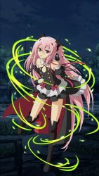 Rule 34 | 10s, 1girl, black dress, black footwear, boots, cape, detached sleeves, dress, flat chest, floating hair, hair ornament, highres, krul tepes, leaning forward, leg up, long hair, looking at viewer, night, outdoors, owari no seraph, pink hair, pointy ears, red eyes, short dress, sleeveless, sleeveless dress, solo, standing, standing on one leg, thigh boots, thighhighs, tongue, tongue out, tree, very long hair