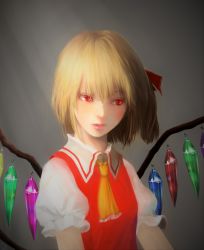Rule 34 | 1girl, ascot, bad id, bad pixiv id, blonde hair, crystal, derivative work, flandre scarlet, gradient background, grey background, highres, lips, looking to the side, no headwear, puffy sleeves, realistic, red eyes, shirt, short hair, short sleeves, slit pupils, solo, touhou, upper body, vest, wings, xue xue