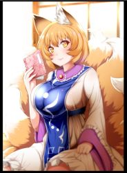 Rule 34 | 1girl, animal ear fluff, animal ears, black border, blonde hair, blush, border, breasts, brooch, closed mouth, door, dress, fox ears, fox tail, frilled dress, frills, jewelry, large breasts, light blush, lips, long sleeves, looking at viewer, multiple tails, no headwear, no headwear, notebook, short hair, sitting, smile, solo, tabard, tail, touhou, white dress, wide sleeves, wildcat (kusonemi), yakumo ran, yellow eyes