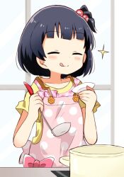 Rule 34 | 1girl, ^ ^, apron, black hair, blush, bow, brown eyes, closed eyes, collarbone, cooking, cooking pot, dot nose, hair bobbles, hair ornament, happy, holding, idolmaster, idolmaster million live!, idolmaster million live! theater days, indoors, ladle, nakatani iku, nmemoton, one side up, pink apron, pink ribbon, plate, polka dot, polka dot apron, ribbon, shirt, short hair, smile, solo, tongue, tongue out, yellow shirt