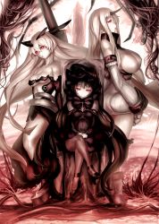 Rule 34 | 10s, 3girls, abyssal ship, anchorage oni, anchorage princess, bare shoulders, black hair, breasts, dress, ere (2516325), gothic lolita, horns, huge breasts, isolated island oni, kantai collection, large breasts, crossed legs, lolita fashion, long hair, looking at viewer, multiple girls, pantyhose, red eyes, ribbed dress, seaport princess, short dress, side ponytail, sideboob, single horn, small breasts, smile, white hair
