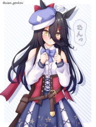 Rule 34 | 1girl, :&lt;, alternate costume, animal ears, belt bag, black hair, clenched hands, clothing cutout, commentary request, cosplay, ei ei mun!, hat, highres, horse ears, horse tail, manhattan cafe (umamusume), matikane tannhauser (umamusume), matikane tannhauser (umamusume) (cosplay), shoulder cutout, simple background, solo, tail, translation request, twitter username, umamusume, yellow eyes, yuusen (aenka)