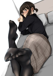 Rule 34 | 1girl, absurdres, black pantyhose, black sweater, blush, bracelet, brown hair, brown skirt, closed mouth, douki-chan (douki-chan), earrings, feet, feet up, foot focus, foreshortening, from behind, ganbare douki-chan, hands up, highres, indoors, jewelry, legs, looking at viewer, looking back, lying, no shoes, on side, pantyhose, pupi (rain prophet), short ponytail, sidelocks, skirt, soles, solo, sweater