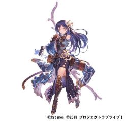 Rule 34 | 1girl, armor, arrow (projectile), blue hair, boots, bow (weapon), flower, gloves, granblue fantasy, greaves, hair between eyes, hair flower, hair ornament, high heel boots, high heels, japanese clothes, long hair, love live!, love live! school idol festival, love live! school idol project, md5 mismatch, official art, quiver, resolution mismatch, side slit, skirt, solo, sonoda umi, source smaller, weapon