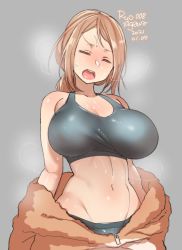 Rule 34 | 1girl, 2021, agawa ryou, artist name, breasts, brown hair, commentary, closed eyes, grey background, large breasts, long hair, midriff, navel, original, signature, simple background, solo, steam, zipper