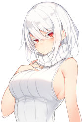 Rule 34 | 1girl, albino, bangs, bare arms, bare shoulders, blush, breasts, closed mouth, colored eyelashes, commentary request, expressionless, hair between eyes, hand on own chest, hand up, highres, large breasts, looking at viewer, meme attire, original, otokuyou, red eyes, ribbed sweater, ringo-chan (otokuyou), short hair, simple background, sleeveless, sleeveless turtleneck, solo, sweater, turtleneck, upper body, white background, white hair, white sweater