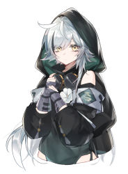 Rule 34 | 1girl, ahoge, arknights, black dress, chinese commentary, closed mouth, commentary request, dress, flower, goggles, goggles around neck, grey hair, highres, hood, hood up, long hair, long sleeves, looking at viewer, own hands together, partially submerged, simple background, single bare shoulder, solo, standing, tomimi (arknights), white background, white flower, yellow eyes, yusa (yusa0751)