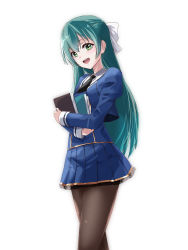 Rule 34 | 1girl, :d, absurdres, aqua hair, assault lily, black necktie, blue shirt, blue skirt, book, bow, brown pantyhose, collared shirt, commentary request, cowboy shot, cropped jacket, crossed arms, green eyes, hair between eyes, hair bow, half updo, highres, holding, holding book, juliet sleeves, lace, lace-trimmed skirt, lace trim, long hair, long sleeves, looking at viewer, miniskirt, necktie, odaiba girls high school uniform, open mouth, pantyhose, pleated skirt, puffy sleeves, school uniform, shirt, short necktie, simple background, skirt, smile, solo, standing, teeth, toki kureha, upper teeth only, urutsu sahari, very long hair, white background, white bow