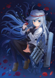 Rule 34 | 10s, 1girl, anchor, aqua hair, black skirt, black thighhighs, blue hair, bubble, crying, crying with eyes open, flat cap, flower, hammer and sickle, hat, hat hug, hibiki (kancolle), highres, kantai collection, knees together feet apart, loafers, long hair, long sleeves, looking at viewer, machinery, neckerchief, npcpepper, pleated skirt, red flower, red rose, rose, sailor collar, school uniform, serafuku, shoes, skirt, smile, solo, tears, thighhighs, underwater, verniy (kancolle)