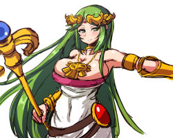 Rule 34 | 1girl, armpits, bare shoulders, belt, bracer, breasts, cleavage, dress, female focus, green eyes, green hair, hair ornament, huge breasts, jewelry, kid icarus, long hair, lots of jewelry, matching hair/eyes, necklace, nintendo, palutena, simple background, solo, staff, standing, umigarasu (magipro), white background