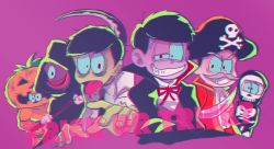 Rule 34 | 10s, 6+boys, absurdres, bad id, bad twitter id, blue sclera, brothers, colored sclera, colored skin, costume, drooling, english text, fake facial hair, fake mustache, green skin, halloween, highres, male focus, matsuno choromatsu, matsuno ichimatsu, matsuno jyushimatsu, matsuno karamatsu, matsuno osomatsu, matsuno todomatsu, messy hair, multiple boys, osomatsu-kun, osomatsu-san, osomatsu (series), pirate costume, pumpkin costume, purple background, red eyes, risao, scythe, sextuplets, siblings, simple background, skeleton costume, smile, tongue, tongue out, trick or treat, upper body, vampire costume, zombie