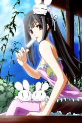 Rule 34 | 1girl, adapted costume, alternate hairstyle, animal, bamboo, bamboo forest, bare shoulders, rabbit, dearmybrothers, forest, frills, houraisan kaguya, long hair, looking at viewer, nature, popsicle, skirt, solo, thighhighs, touhou, very long hair, zettai ryouiki