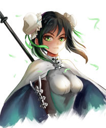 Rule 34 | 1girl, absurdres, arm guards, black gloves, black hair, bodysuit, breasts, bun cover, cape, chinese clothes, closed mouth, cropped torso, double bun, fate/grand order, fate (series), gloves, green eyes, hair bun, he c92, highres, looking at viewer, medium breasts, polearm, qin liangyu (fate), sidelocks, simple background, skin tight, smile, solo, spear, taut clothes, upper body, weapon, white background, white bodysuit, white cape