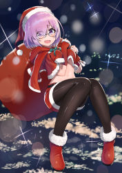 Rule 34 | 1girl, :d, absurdres, alternate costume, arm warmers, ayul (ayulneri 92), belt, black-framed eyewear, black pantyhose, boots, breasts, capelet, christmas, commentary request, crop top, crop top overhang, eyes visible through hair, fate/grand order, fate (series), fur trim, glasses, green neckwear, hair over one eye, hat, highres, holding, holding sack, hood, hood down, hooded capelet, large breasts, light purple hair, looking at viewer, mash kyrielight, midriff, miniskirt, navel, open mouth, pantyhose, purple eyes, red footwear, red hat, red shirt, red skirt, sack, santa costume, santa hat, shirt, short hair, skirt, smile, solo