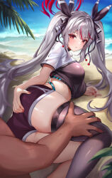 Rule 34 | 1boy, 1girl, ass, beach, black shirt, black shorts, black thighhighs, breasts, character request, commission, crop top, day, docozi, dolphin shorts, eyeshadow, hair ribbon, halo, hand on another&#039;s thigh, hand on own ass, highres, indie virtual youtuber, large breasts, long hair, looking at viewer, lying, makeup, midriff, multicolored hair, nail polish, on side, original, outdoors, parted lips, red eyes, ribbon, see-through, see-through sleeves, shirt, short shorts, short sleeves, shorts, sidelocks, single thighhigh, solo focus, streaked hair, thighhighs, thighs, twintails, very long hair, virtual youtuber, water, white hair