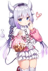 Rule 34 | 1girl, bag, capelet, cowboy shot, dragon girl, dragon horns, dragon tail, electric plug, electrical outlet, hair bobbles, hair ornament, hair ribbon, heart, highres, holding, horns, kanna kamui, kobayashi-san chi no maidragon, long hair, long sleeves, looking at viewer, low twintails, miniskirt, parted lips, plastic bag, revision, ribbon, ruda (ruda e), simple background, skirt, solo, tail, thighhighs, thighs, twintails, very long hair, white background, white skirt, white thighhighs, zettai ryouiki