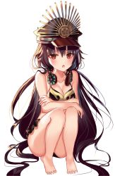 Rule 34 | 1girl, :o, ass, bad id, bad twitter id, bare arms, bare shoulders, barefoot, bikini, black bikini, black hair, black hat, blush, breasts, cleavage, collarbone, commentary request, fate/grand order, fate (series), hat, headphones, headphones around neck, highres, long hair, looking at viewer, medium breasts, oda nobunaga (fate), oda nobunaga (koha-ace), oda nobunaga (swimsuit berserker) (second ascension) (fate), open mouth, peaked cap, red eyes, shaffelli, simple background, solo, squatting, swimsuit, thighs, very long hair, white background