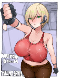 Rule 34 | bare shoulders, black gloves, blonde hair, breasts, character name, commentary request, copyright name, cowboy shot, english text, fingerless gloves, gloves, green eyes, hair between eyes, headset, highres, indoors, large breasts, looking at viewer, metroid, metroid: other m, midriff, mole, mole under mouth, nintendo, samus aran, shirt, short hair, sweatdrop, takayama toshinori, tank top, thumbs down