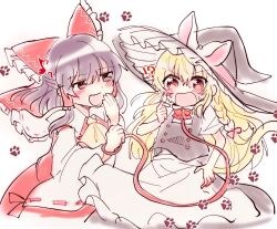 Rule 34 | !?, 2girls, apron, ascot, bell, black vest, blonde hair, blush, bow, bowtie, braid, detached sleeves, frilled bow, frilled hair tubes, frills, hair bow, hair ribbon, hair tubes, hakurei reimu, hat, highres, holding, holding leash, kirisame marisa, leash, long hair, medium hair, mochi547, multiple girls, musical note, open mouth, paw print, paw print background, red bow, red bowtie, red eyes, red skirt, ribbon, ribbon-trimmed sleeves, ribbon trim, short sleeves, side braid, single braid, sketch, skirt, skirt set, smile, sweat, touhou, vest, waist apron, white background, witch hat, yellow ascot