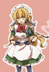 Rule 34 | 1girl, apron, arm behind back, blonde hair, breasts, character request, collared dress, commentary request, copyright request, dress, fang, frilled dress, frills, green dress, hand up, highres, holding, holding smoking pipe, kaigen 1025, kiseru, long hair, maid, maid apron, maid headdress, mechanical parts, medium breasts, neck ribbon, open mouth, orange background, outline, puffy short sleeves, puffy sleeves, red ribbon, ribbon, short sleeves, simple background, smile, smoke, smoking pipe, solo, white apron, white outline, yellow eyes