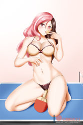 Rule 34 | 1girl, barefoot, bikini, bow, breasts, brown bikini, brown hair, cleavage, collarbone, full body, halterneck, heterochromia, highres, kimmy77, kneeling, large breasts, long hair, looking at viewer, multicolored hair, navel, neo politan, paddle, parted bangs, patreon logo, pink background, pink bow, pink eyes, pink hair, red eyes, rwby, solo, split-color hair, swimsuit, table tennis, table tennis paddle, tongue, tongue out, two-tone hair, watermark, white bikini