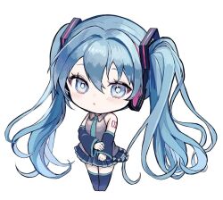 Rule 34 | 1girl, aqua necktie, black footwear, blue eyes, blue hair, blush, boots, chibi, detached sleeves, full body, hatsune miku, headphones, jpeg artifacts, long hair, looking at viewer, merchandise available, necktie, parted lips, pipi, pleated skirt, shirt, simple background, skirt, sleeveless, sleeveless shirt, solo, thigh boots, thighhighs, twintails, very long hair, vocaloid, white background, zettai ryouiki