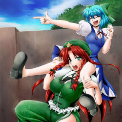 Rule 34 | 2girls, bad id, bad pixiv id, beret, blue hair, bow, braid, carrying, cirno, closed eyes, green eyes, hair bow, hat, hong meiling, long hair, multiple girls, ootsuki wataru, open mouth, star (symbol), touhou, twin braids