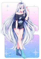 1girl absurdly_long_hair absurdres ahoge air_bubble artist_name bare_shoulders black_shirt blue_eyes blue_socks blush bubble closed_mouth collarbone commentary commission drop_shadow english_commentary fingernails full_body hair_between_eyes hair_over_shoulder hand_on_own_thigh hand_up heart highres long_hair looking_at_viewer no_pants off-shoulder_shirt off_shoulder original sasucchi95 shirt short_sleeves simple_background smile socks solo sparkle standing very_long_hair white_hair