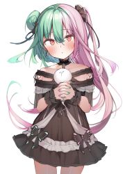 Rule 34 | 1girl, :3, black choker, black dress, black ribbon, blush, choker, collarbone, commentary request, cowboy shot, dress, earrings, fandead (uruha rushia), garter straps, ghost, green hair, green nails, hair between eyes, hair bun, hair ribbon, halo, highres, holding, hololive, jewelry, looking at viewer, multicolored hair, multicolored nails, nail polish, off-shoulder dress, off shoulder, one side up, own hands clasped, own hands together, pink hair, pink nails, red eyes, ribbon, shin no tenpii, short sleeves, side bun, simple background, single hair bun, single side bun, skull earrings, solo, standing, two-tone hair, uruha rushia, uruha rushia (3rd costume), virtual youtuber, white background, wrist cuffs