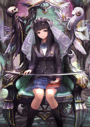 Rule 34 | 1girl, black hair, blazer, book, katana, kawahara ryuuta, long hair, mirai shousetsu arcana, school uniform, solo, sword, throne, veil, weapon