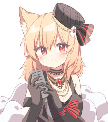 Rule 34 | 1girl, animal ears, arknights, bare shoulders, black dress, black gloves, black hat, blonde hair, blush, breasts, cleavage, closed mouth, commentary, dress, elbow gloves, fox ears, fox girl, gloves, hair between eyes, hat, highres, holding, holding microphone, long hair, looking at viewer, medium breasts, microphone, official alternate costume, red eyes, ryoku sui, simple background, sleeveless, sleeveless dress, smile, solo, sora (arknights), sora (melodiosa) (arknights), striped choker, upper body, vintage microphone, white background